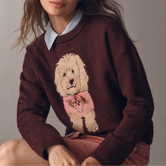 Anthropologie Maeve Crew-neck Dog Icon Pullover Sweater Wine Maroon Lab - Picture 2 of 4